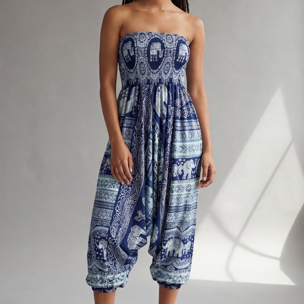 Bohemian Harem Yoga Drop Crotch Cotton  Blue Elephant print romper jumpsuit boho